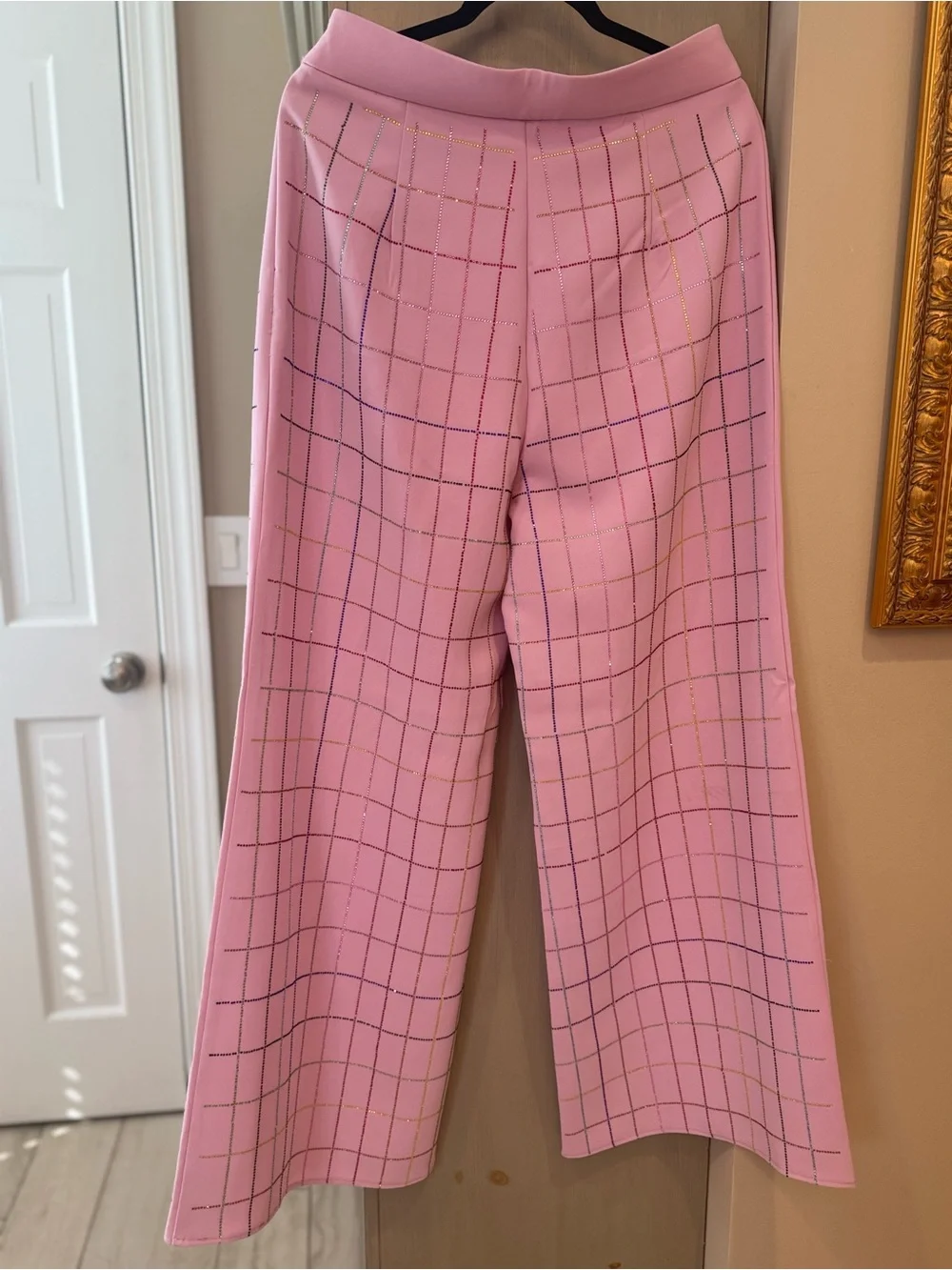 QUEEN OF SPARKLES Pink Rhinestone Plaid Blazer & Wide Leg Pant Set